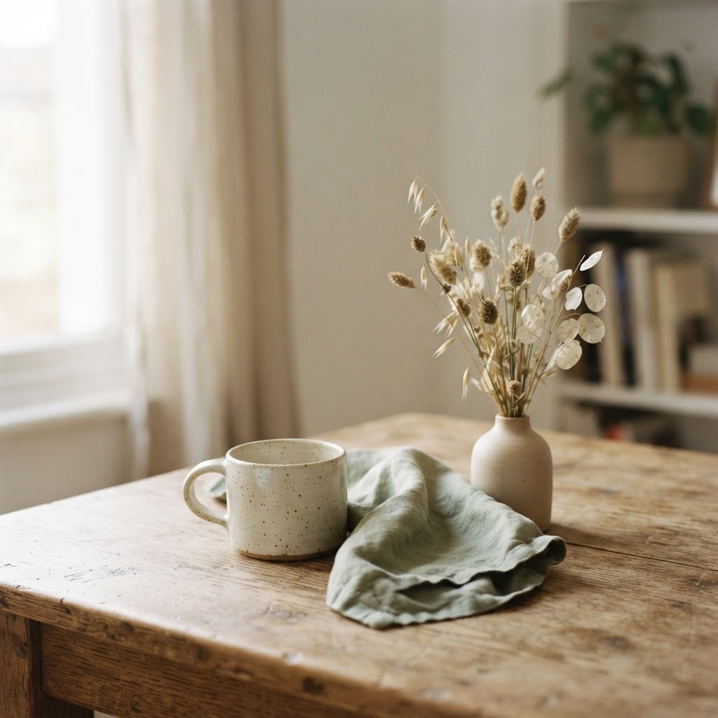 A quiet Sunday morning scene with an empty mug and soft natural light