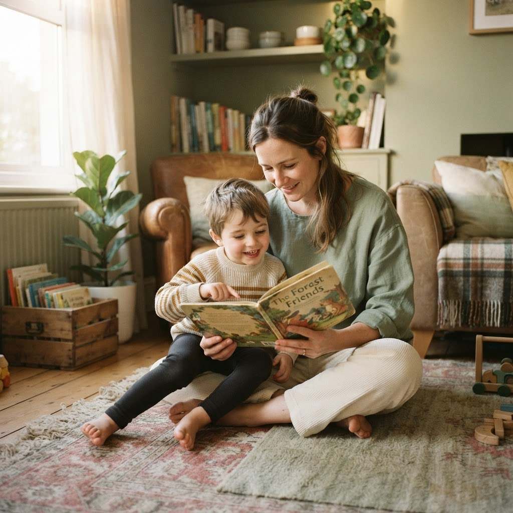 A parent and child reading a book together at home, without screens